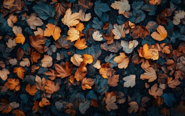 Fototapeta premium Autumn background texture. Leaves rainy clouds day. 