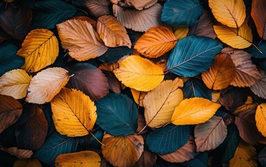 Fototapeta premium Autumn background texture. Leaves rainy clouds day. 