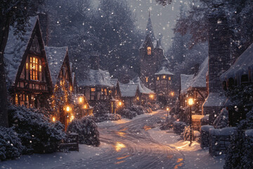 Naklejka premium A snowy, medieval street in the village.