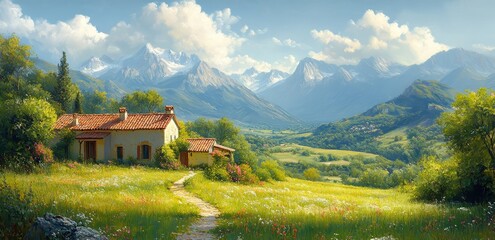 Naklejka premium Charming Cottage Nestled in a Lush Green Valley with Majestic Mountains in the Background Under a Clear Blue Sky