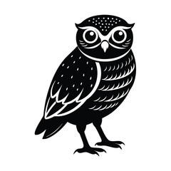 Black and white illustration, stylized owl, minimalist design, bold lines, polka dot pattern, large eyes, graphic art, high contrast, simplified