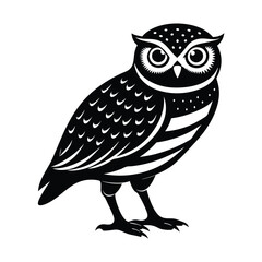 Black and white illustration, stylized owl, graphic art, bold lines, minimalist design, textured feathers, large eyes, stern expression,