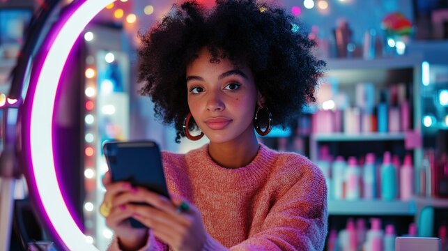 influencer creating content with a smartphone and ring light, branded products in the background, vibrant and stylish setup