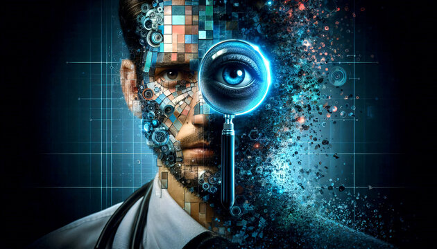Digitaler forensischer Analyst untersucht verschl&uuml;sselte Datenstr&ouml;me mit Lupe in der Hand, holographische Anzeige, Forensik, Untersuchung von Cyberkriminalit&auml;t.