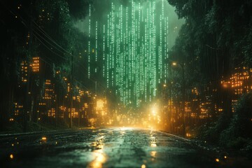 Naklejka premium Cyberpunk Cityscape with Green Code Rain