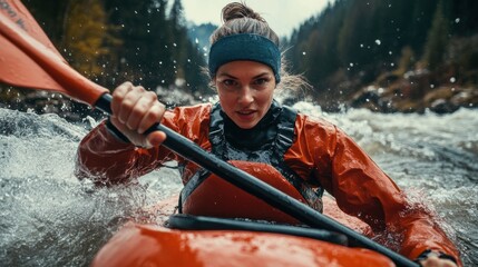 A kayaker rafting struggling with water splashes in boat in rapid river in mountain