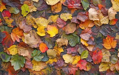 Autumn background texture. Leaves rainy clouds day.
