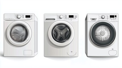 Fototapeta premium A lineup of three modern washing machines showcasing different designs and features in a bright and clean laundry room setting