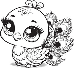 A peacock lineart coloring book illustration for kids