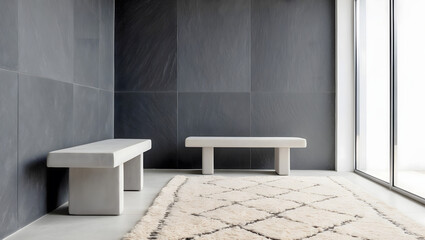 Modern interior with gray wall, concrete benches, and textured rug