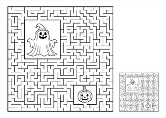Vector Black and White Halloween Labyrinth with Solution - Medium Difficulty Puzzle Featuring Ghost and Pumpkin