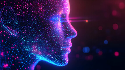 Fototapeta premium Abstract Digital Face with Glowing Lines and Dots, Neon Colors, Futuristic Sci-fi, Technology and Artificial Intelligence