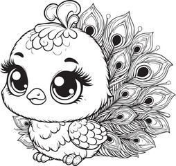 A peacock lineart coloring book illustration for kids