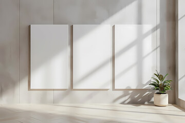 Fototapeta premium Bright, minimalist interior featuring three blank canvases and a potted plant, creating a serene and artistic atmosphere.