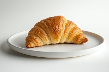 A golden, flaky croissant placed on a simple white plate.