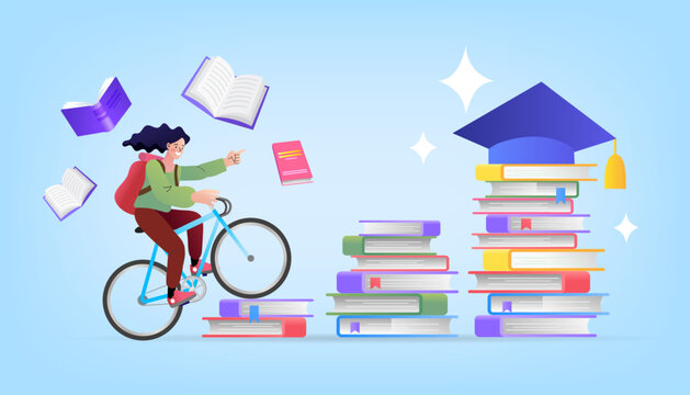 Educational journey and graduation concept. A student rides a bicycle up a staircase of books towards a graduation cap, symbolizing the path to knowledge.