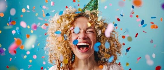 Fototapeta premium Joyful woman in a party hat, surrounded by flying confetti on a light blue background, expressing sheer happiness.