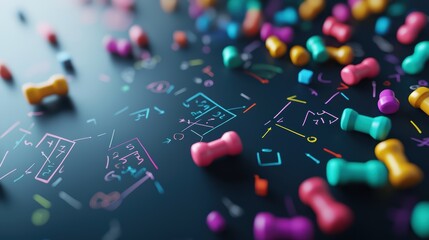 Colorful Abstract Background with Geometric Shapes and Mathematical Formulas on Black Surface