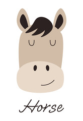 Horse face on white background. Farm animal face drawn in cartoon style.