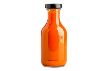 Closeup of Louisiana Sauce in glass bottle isolated on a white transparent background. Concept of food or culinary ingredient