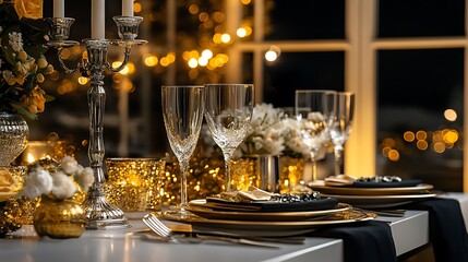 Elegant Dinner Table Setting with Gold Accents