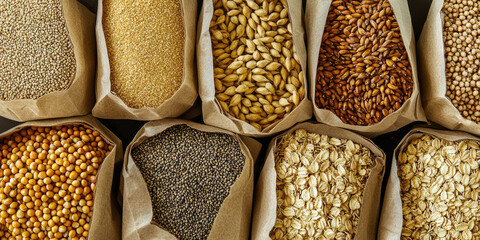 Paper bags with different types of grains and cereals. Background variety of grains, groceries, side dishes