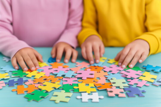 Two children's hands are playing with colorful jigsaw puzzle on a table, education games concept. A boy and a girl doing a mock-up for a learning activity at home or school.