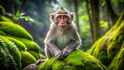 A playful monkey sits on a moss-covered stone, candidly gazing at the camera with bright inquisitive eyes amidst lush green jungle surroundings.