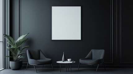 Minimalist Home Interior with Empty Poster Frame Dark Decor Elements and Comfortable Seating