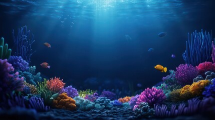 Obraz premium Vibrant Underwater Coral Reef with Colorful Fish and Sunlight Rays in a Deep Blue Ocean