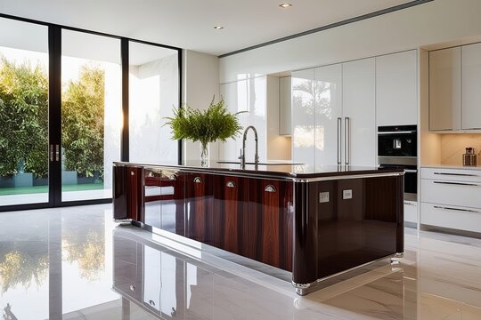 A sleek high gloss kitchen island with a rich
