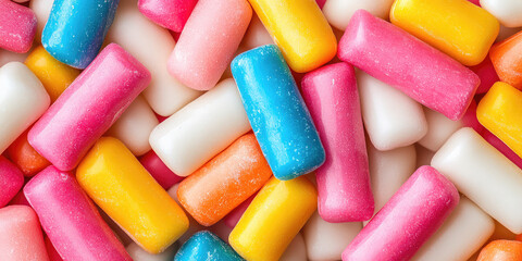The texture of multi-colored chewing gum candies. Abstract sweet bubblegum background