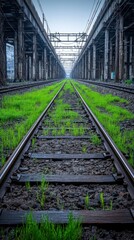 Obraz premium Overgrown Railway Tracks through Urban Infrastructure