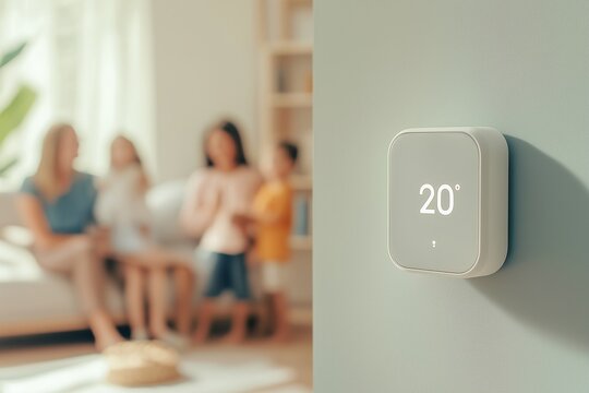 Smart thermostat, blurred family in the home, adjusting and lowering home heating temperature. The concept of sustainable, efficient and smart technology heating. Business services. Horizontal banner