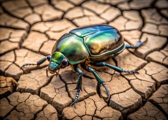 A recently deceased beetle lies still on a dry, cracked earth surface, its shiny exoskeleton now dulled by the absence of life and vitality.