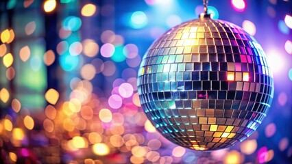 Fototapeta premium Disco ball reflecting light on defocused Monday background, disco ball, party, celebration, nightlife, festive