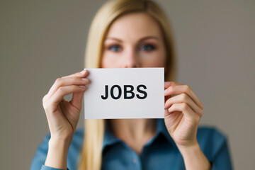 Human Resources professional holds a 'jobs' card, showing effort to recruit new talent. Reflecting process of hiring, searching specialists, and promoting career opportunities within the organization.