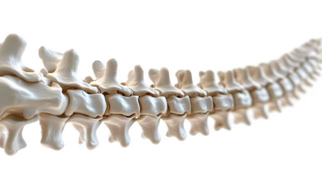 close-up 3D illustration of the human spine showing the intricate structure of vertebrae in a realistic style, isolated on a white background, png