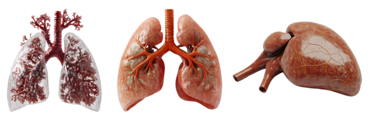 Detailed anatomical illustration of human lungs and heart organs in a medical context, isolated on a white background