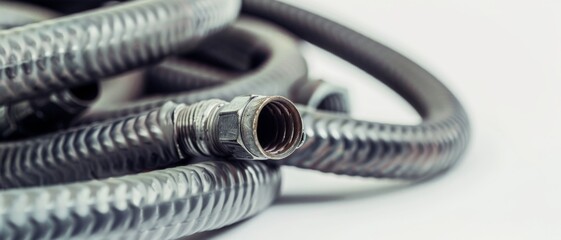 Fototapeta premium Close-up of metallic flexible hoses coiled in a loop, showcasing industrial textures against a clean background.