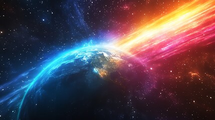Fototapeta premium A stunning cosmic scene depicting the Earth surrounded by vibrant energy and colorful cosmic rays in deep space.