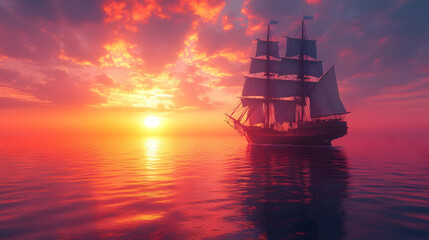 Fototapeta premium Sailing Ship at Sunset on the Ocean, Beautiful Red Sky, Calm Water, Golden Hour, Sailboat at Sea, Romantic Sunset Scene