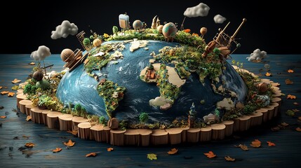 Naklejka premium A whimsical model of the Earth showcasing nature, clouds, and landmarks, representing global harmony and creativity.