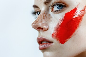 Obraz premium Artistic expression: close-up portrait with red paint on woman's face