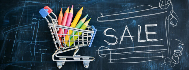 Shopping cart full of pencils with the word Sale written on it. Concept of a sale on school supplies, which is a great deal for students and teachers