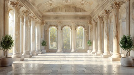 Fototapeta premium A serene and elegant hall featuring marble columns and natural light pouring through large arched windows. Generative AI