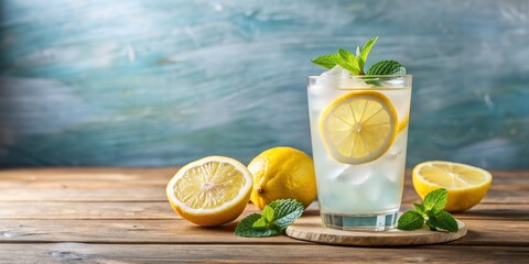 Fototapeta premium Refreshing glass of iced lemonade with a slice of lemon on the rim , drink, summer, citrus, cold, beverage, refreshing, glass, yellow