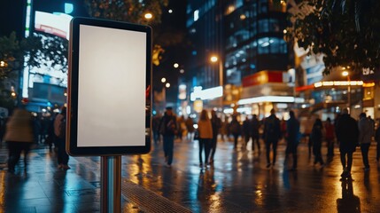 Blank billboard in bustling urban night scene for advertising or design