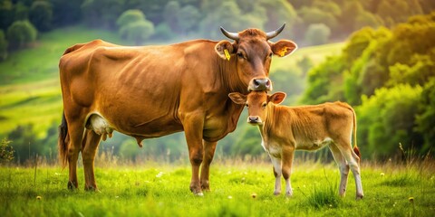 A serene and majestic brown cow stands in a lush green meadow, gently nuzzling her curious calf, surrounded by natural beauty and tranquility.