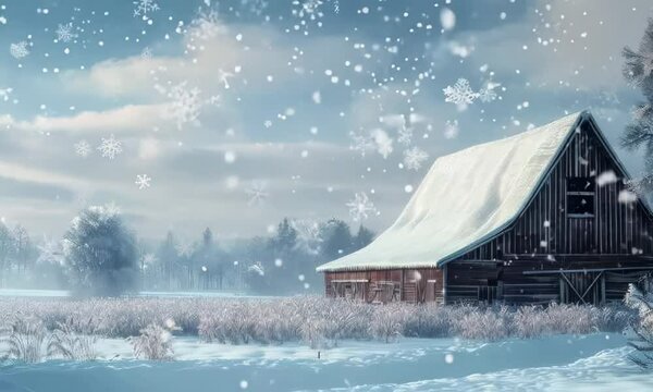 Snow-covered barn in the countryside, hyperrealistic Video